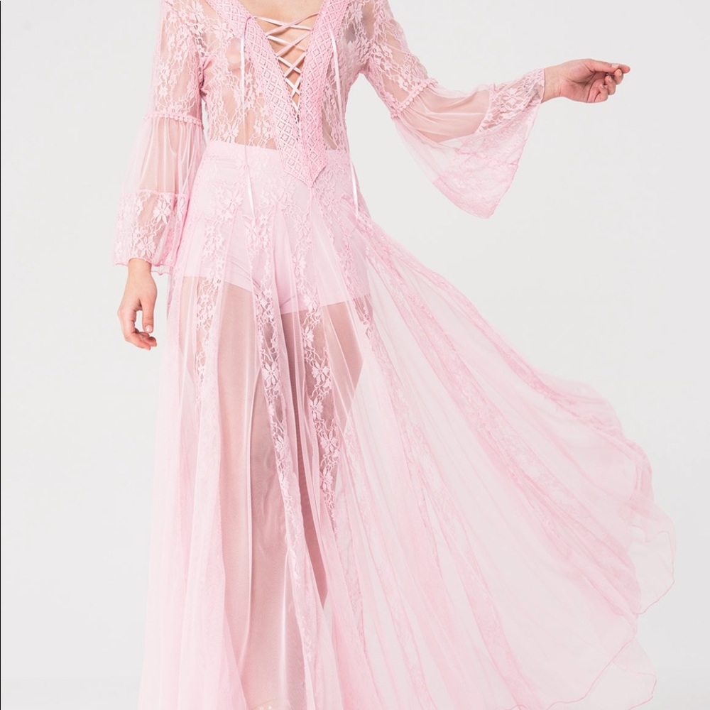 Kikiriki Flowy Pink/ Peach Lace Maxi Dress Rare find *